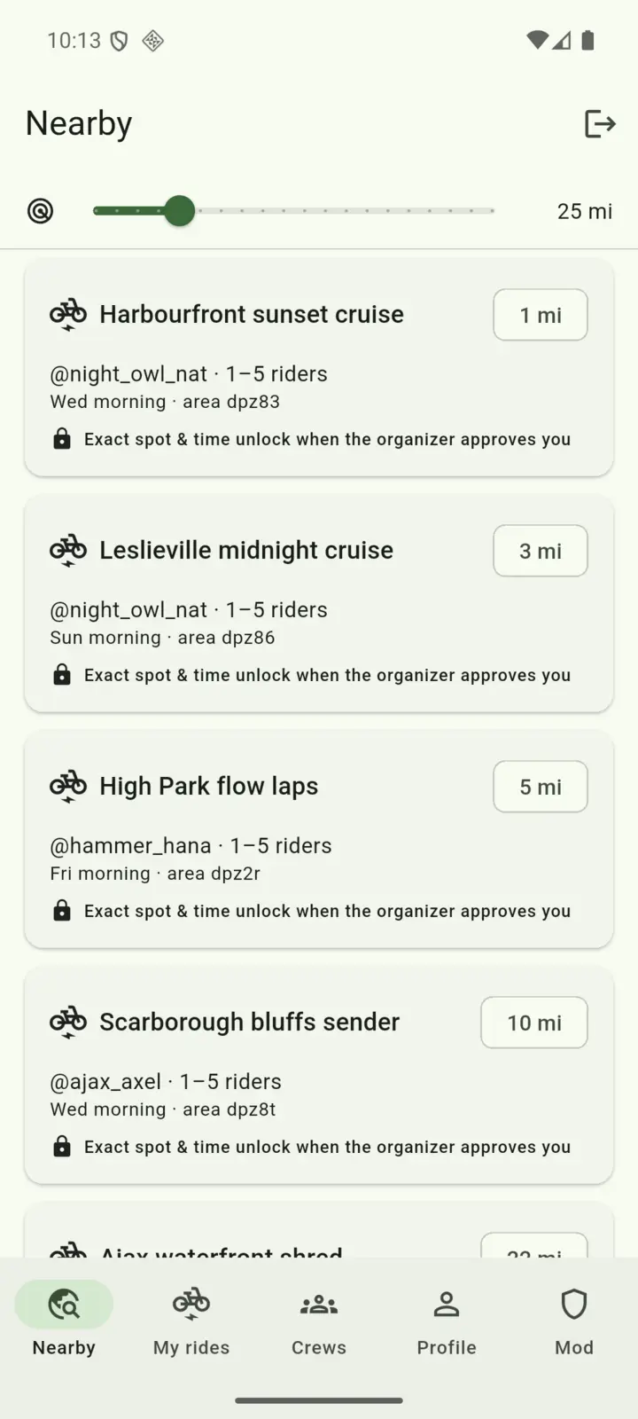The Nearby feed: ride cards showing only a general area and time window, each marked ‘exact spot & time unlock when the organizer approves you’