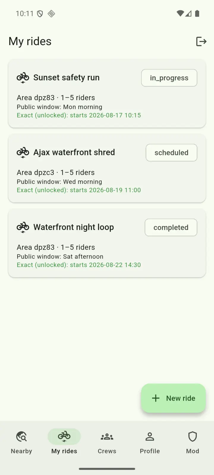 My rides list showing upcoming and completed rides with their public area and unlocked exact start times