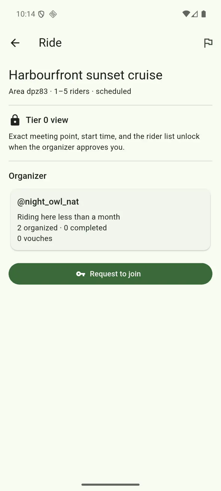 Ride page before approval: the exact spot and time are locked, showing only the area, the time window, and the organizer’s trust profile